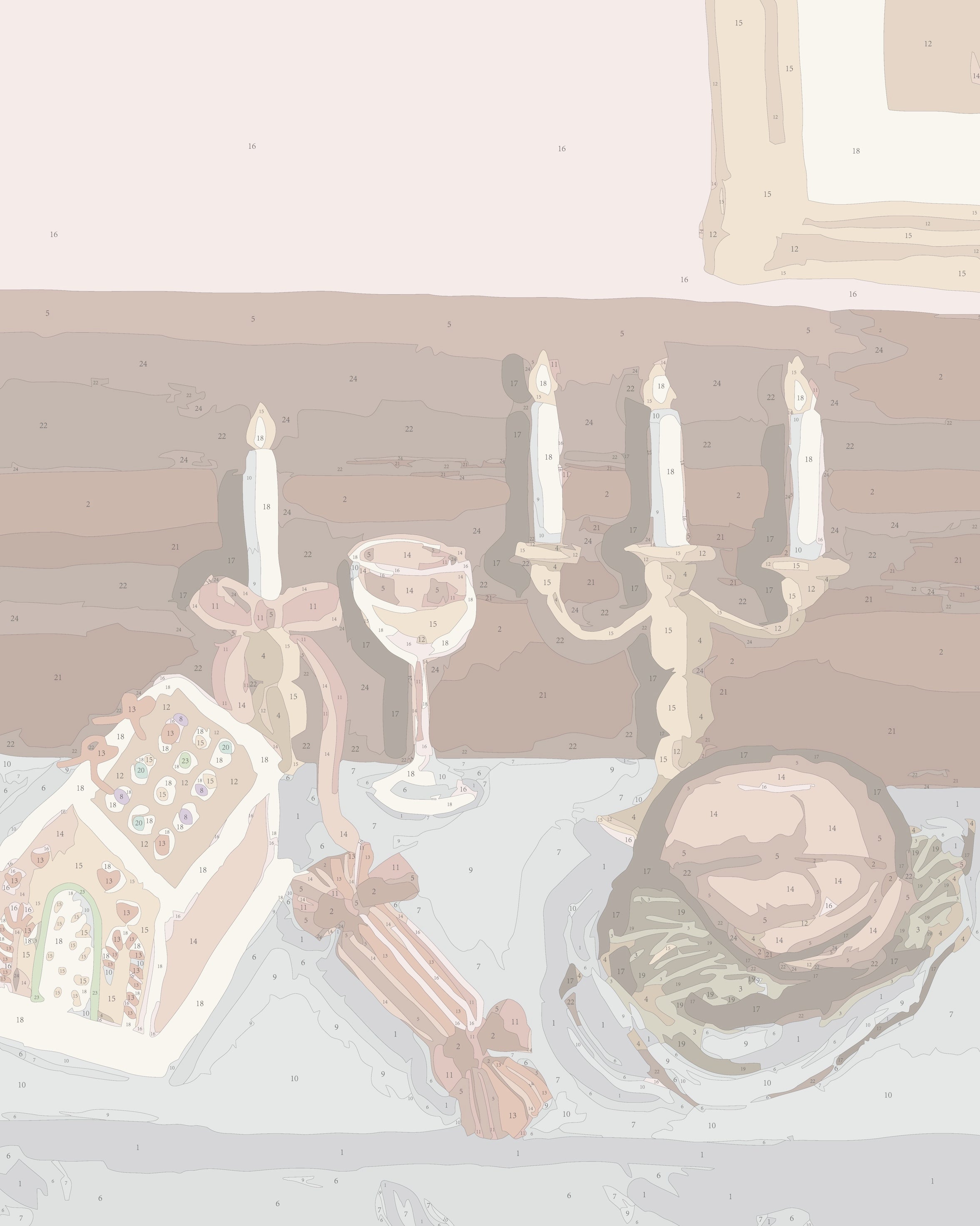 Paint by numbers template for the ‘Christmas Dinner’ big framed canvas by Paint Like Frida. The scene captures a festive holiday table spread, featuring a roast dinner, gingerbread house, crackers, a wine glass, and a glowing candelabra. Set against a cozy background with warm tones and soft lighting, this template includes numbered segments for each detail, helping artists bring the joyful, celebratory atmosphere of Christmas to life through paint.