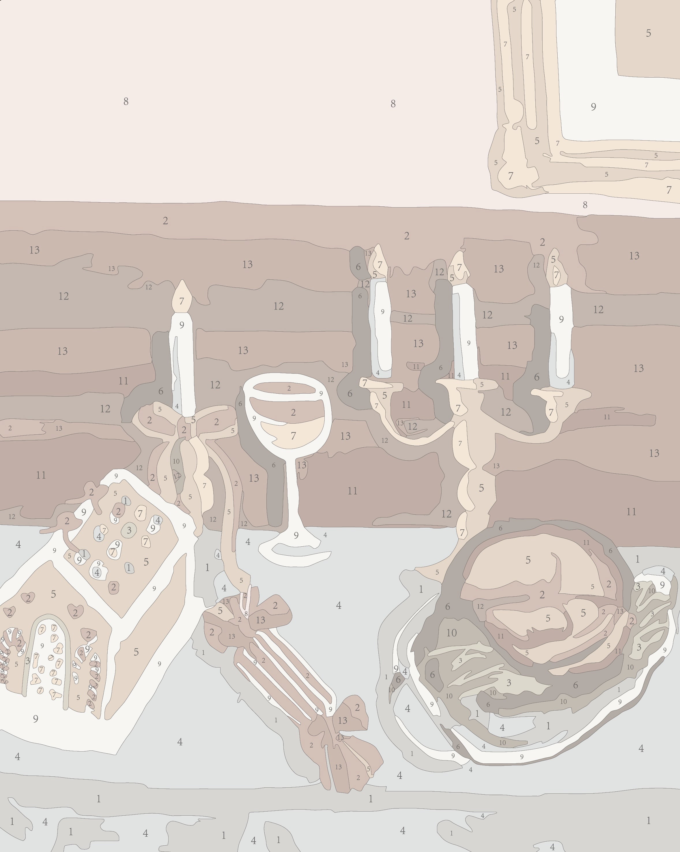 Paint by numbers guide for the ‘Christmas Dinner’ mini framed canvas by Paint Like Frida, showing a festive table setting with a gingerbread house, roast dinner, wine glass, Christmas crackers, and candle holder. Each section is numbered for easy painting.