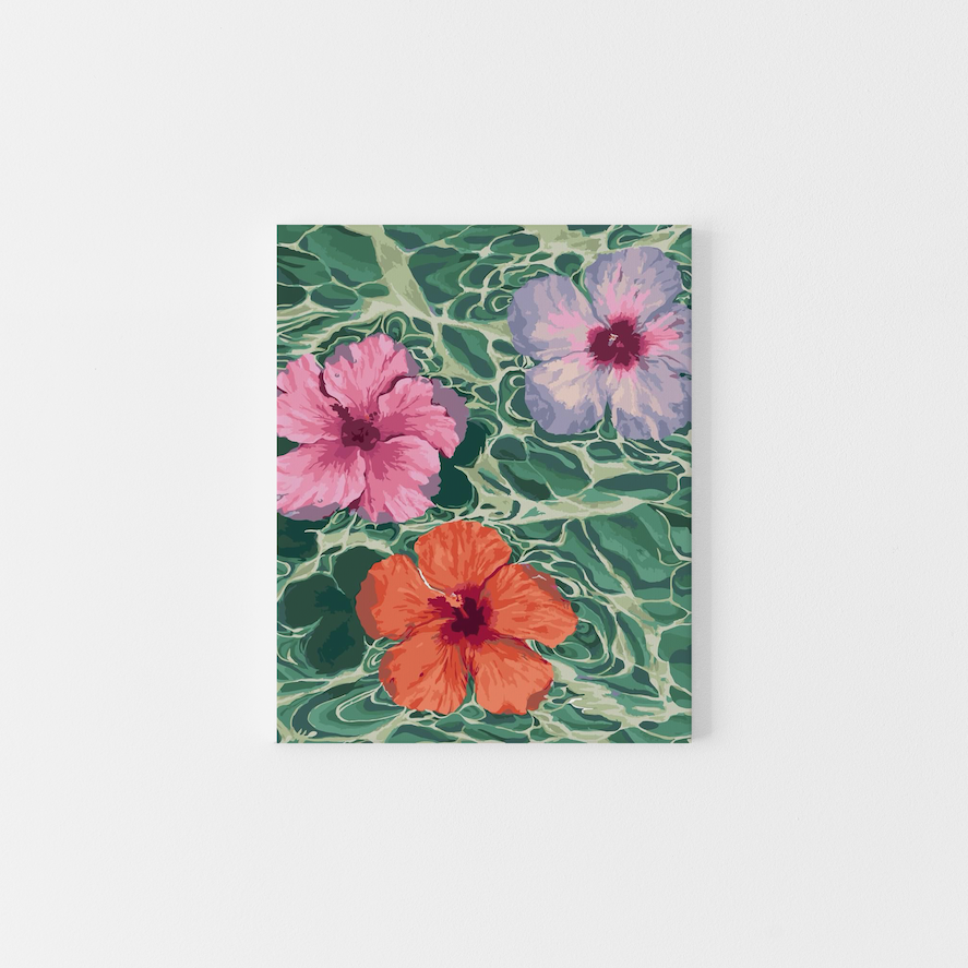 Paint Like Frida’s Hibiscus Dreams Big Framed Canvas — a tropical paint by numbers kit with three vibrant hibiscus flowers floating in green rippling water, framed in a custom floating frame.