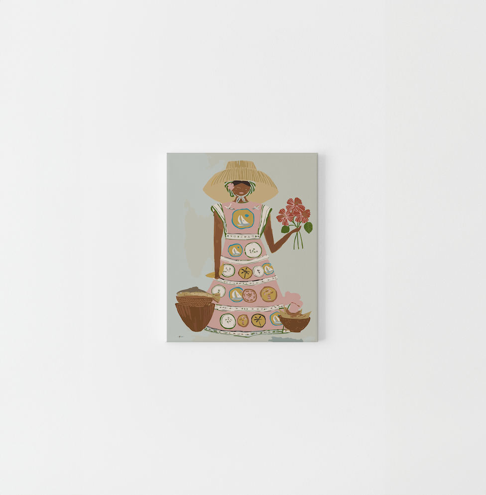 Paint Like Frida’s Patience Mini Framed Canvas — a joyful paint by numbers kit featuring a woman in a patterned dress holding red hibiscus flowers, surrounded by tropical produce, pre-framed in a small wooden floating frame.