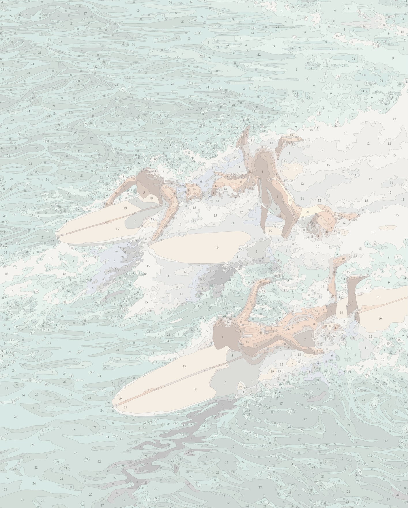 Paint by numbers template for the ‘Chaos’ big framed canvas by Paint Like Frida. The artwork features a dynamic scene of four surfers paddling into ocean waves, captured mid-motion. Their figures are partially submerged in swirling, foamy water, with surfboards cutting through the sea. The background is filled with layered aqua tones and rhythmic brushstroke patterns, representing the energy and turbulence of the ocean. The design uses a coastal palette of soft blues, sea greens, sandy beige, and warm skin 