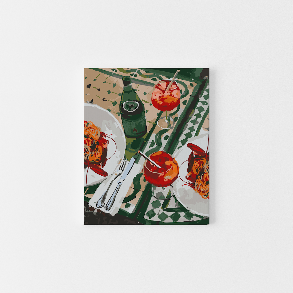 Paint Like Frida’s Frutti di Mare and Aperol Spritz Big Framed Canvas — a paint by numbers scene of a summer lunch table with seafood pasta, bright orange spritzes, and sparkling water, framed in a custom floating frame.