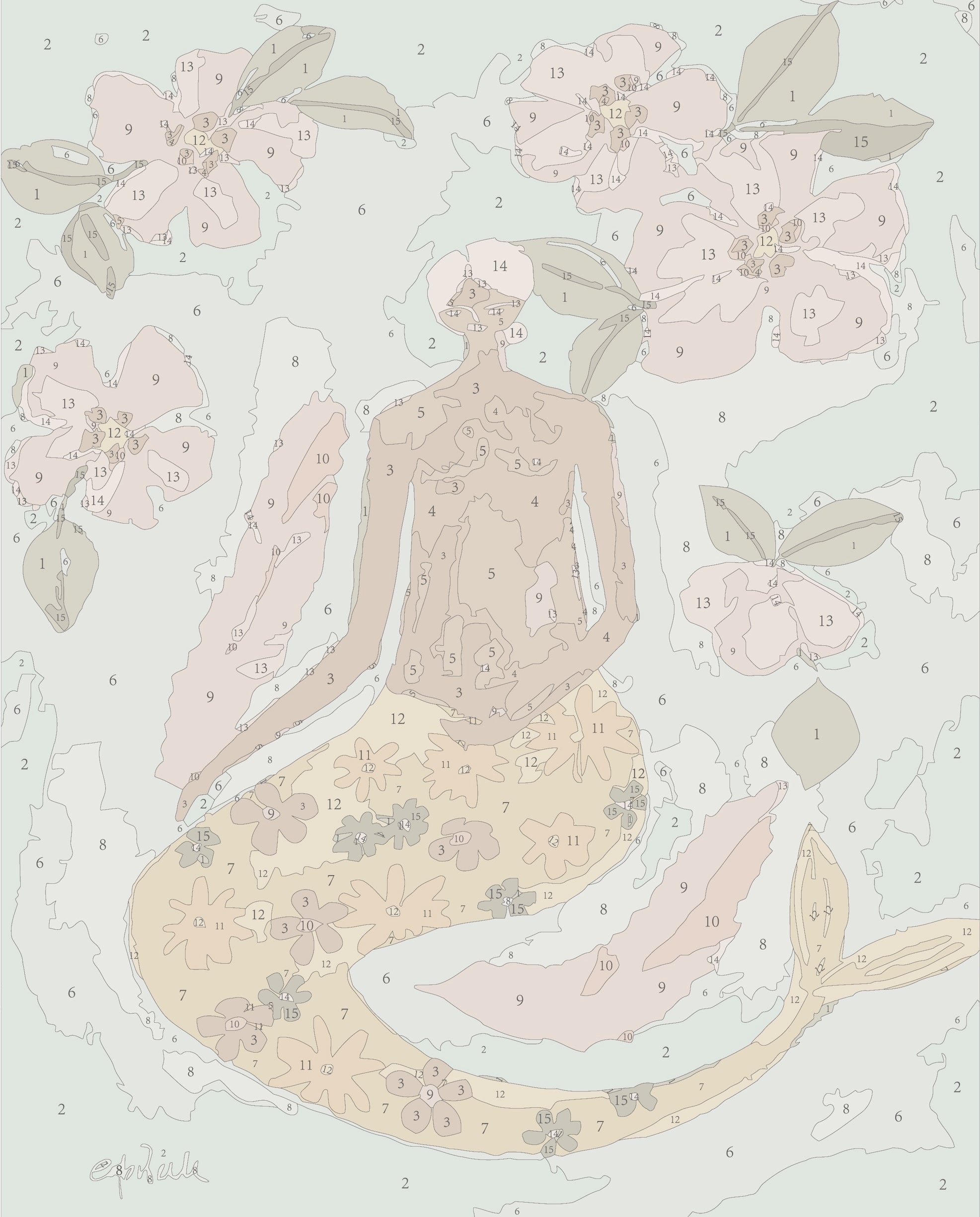 Paint by numbers template for the ‘Lady of the Sea’ mini framed canvas by Paint Like Frida. The artwork features a serene mermaid figure surrounded by large floral blooms, with soft, pastel hues and clearly labeled number sections for painting guidance.