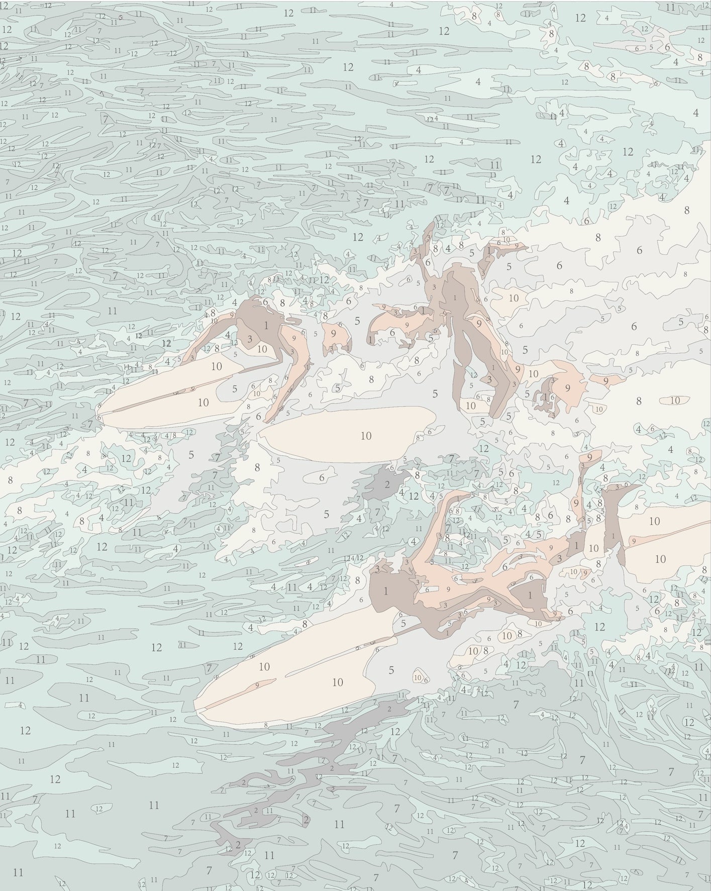 Paint by numbers template for the ‘Chaos’ mini framed canvas by Paint Like Frida. The design features a dynamic ocean scene with several surfers riding waves in a tangle of movement. The water is illustrated with layered strokes in soft blues, aquas, and foamy whites, with numbered sections to guide the painting process.