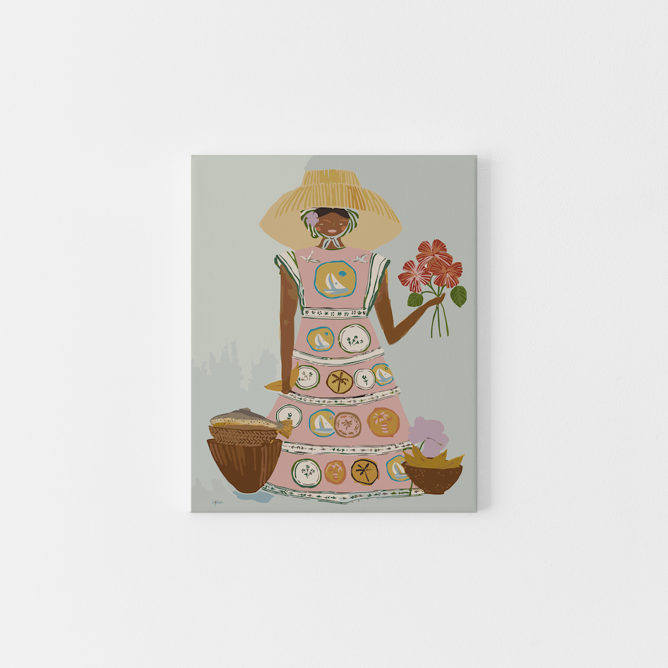 Paint Like Frida’s Patience Big Framed Canvas — a vibrant paint by numbers artwork featuring a woman in a patterned dress holding red flowers, surrounded by tropical produce, framed in a custom wooden floating frame.