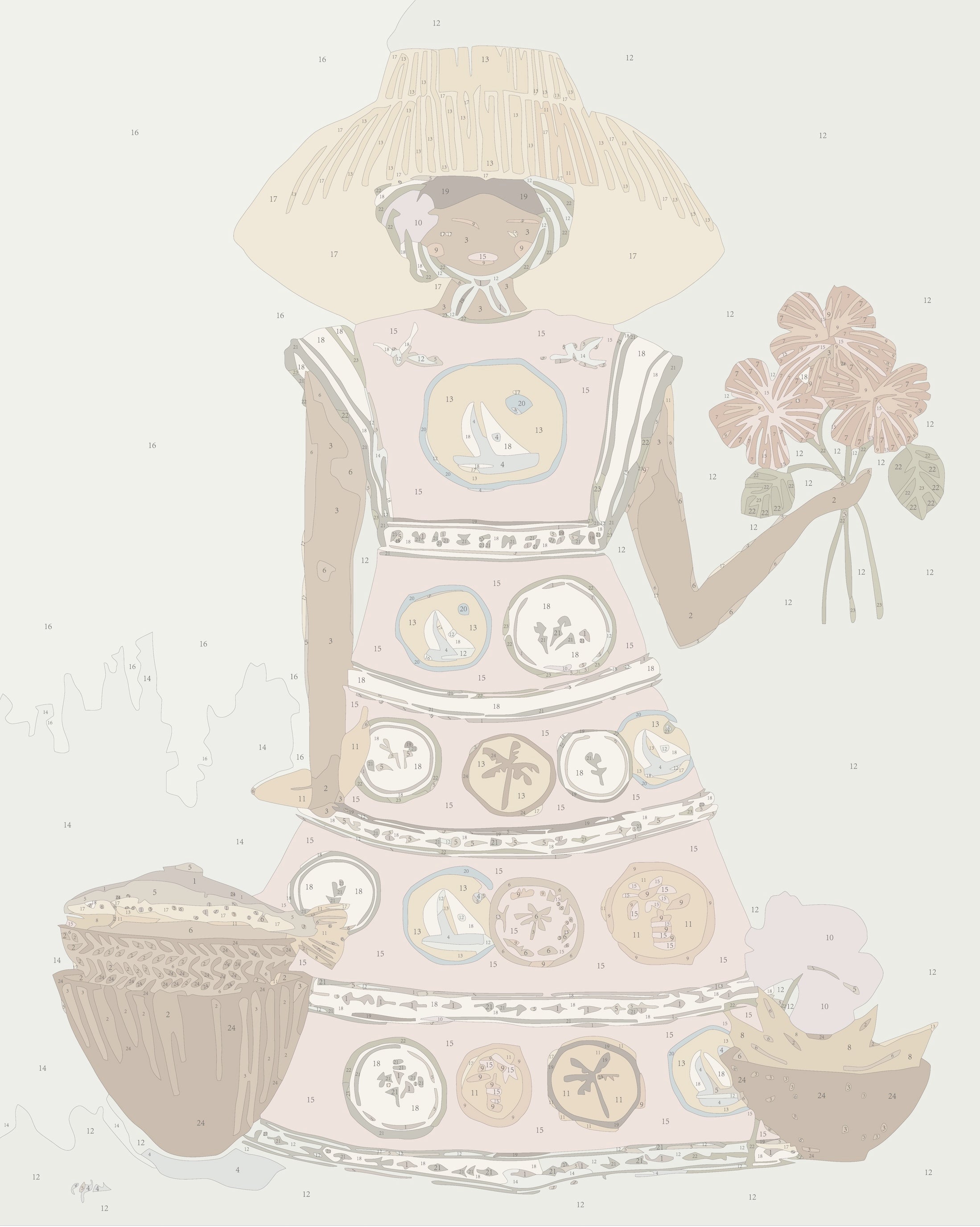 Paint by numbers template for the ‘Patience’ big framed canvas by Paint Like Frida. The design features a smiling woman in a wide-brimmed straw hat holding a bouquet of pink hibiscus flowers. Her dress is adorned with round, symbolic illustrations including plants, birds, and other cultural motifs. She stands beside baskets filled with tropical food elements, all set against a soft, minimal background. The canvas uses soft pinks, warm browns, muted blues, and beige tones to evoke calm and warmth.